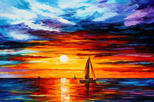 Load image into Gallery viewer, Sailboat in the middle of the sea under a sunset
